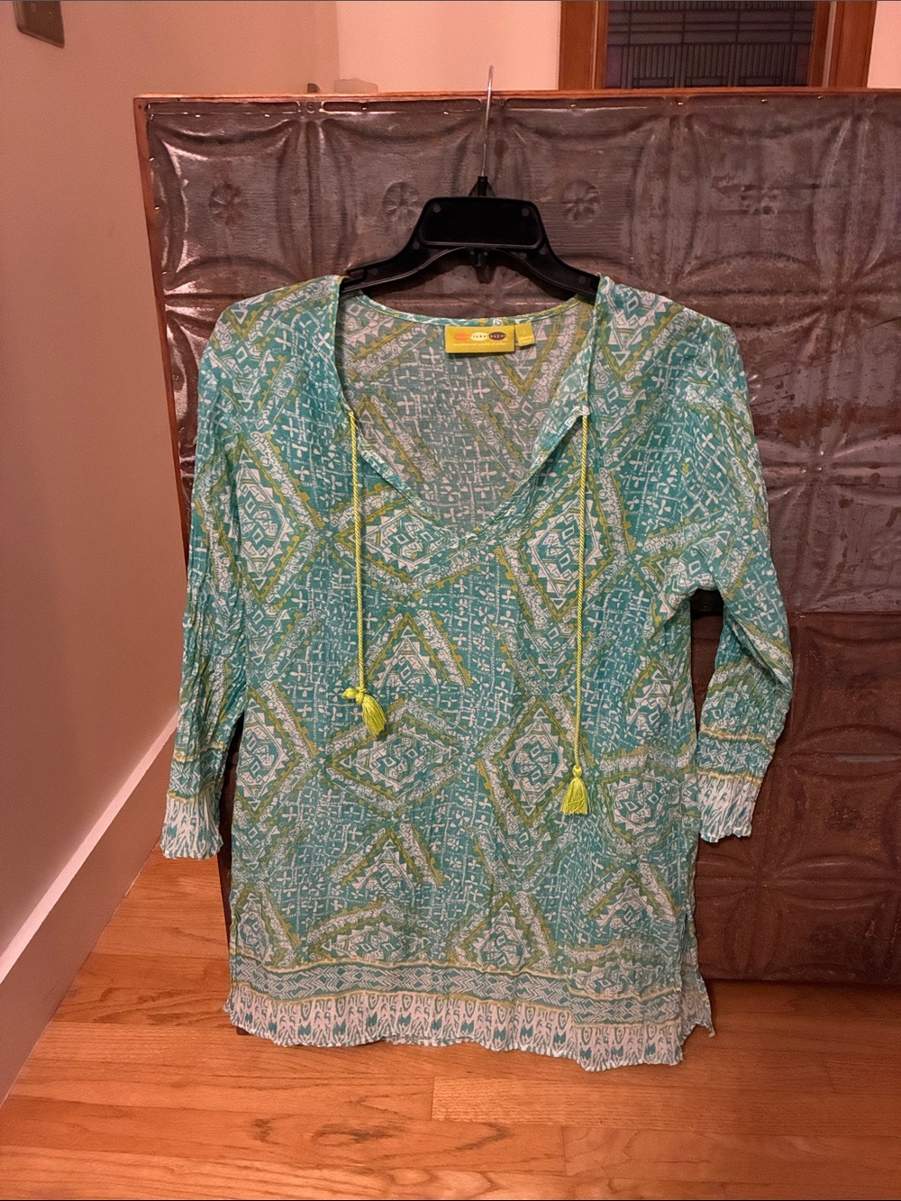Rock Flower Paper Women's Teal Patterned V-Neck Tunic with Tassel Ties